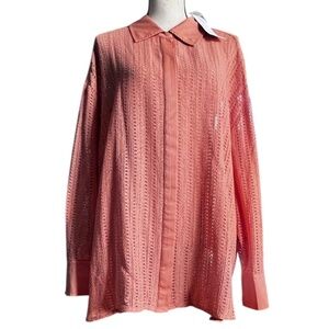 Wynne Collection Open Knit Button Front Blouse Women’s Plus 2X Coral Coral/Pink
